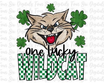 St. Patrick's Day Wildcat PNG, Lucky Wildcat Download, Shamrock Wildcat Digital Design, Retro Checkered Mascot PNG File, Shamrock Wildcat