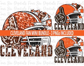 Może przedstawiać: Trzy cyfrowe obrazy kasku futbolowego Cleveland Browns z błyszczącym wykończeniem, wykończeniem w stylu vintage i wykończeniem w stylu vintage z pomponem. Każdy obraz zawiera tekst "CLEVELAND" i numer "#1".