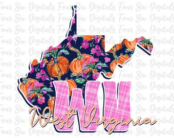 West Virginia Floral Pumpkin png, State of West Virginia, Preppy Floral Pumpkin, Fall Autumn West Virginia, USA State, WV png