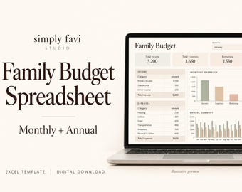 May include: A laptop screen displays a Family Budget spreadsheet template with tables for income and expenses, a monthly overview bar chart, and an annual summary graph. The text reads simply favi studio, Family Budget Spreadsheet, Monthly + Annual, Excel Template, Digital Download, and Illustrative preview.