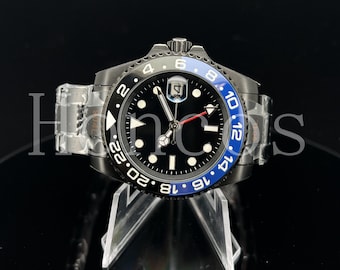 Custom Made MODS Gmt Style Watch with All Black Case and Oyster Bracelet Black and Blue Pepsi GMT Ceramic Insert