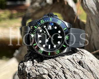 Custom Made MODS SUB Style Watch with SKX NH35 Black Dial with Rubber Band Ceramic Black/Green Insert