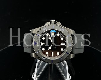 Custom Made MODS SUB Style Watch with SKX NH35 Black Dial with Rubber Band Ceramic Black/Blue Insert