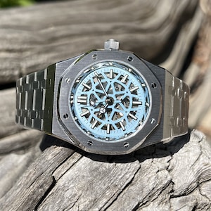 Custom Made MODS Skeleton Watch with SKX NH70 RO Style Ice Blue Open word Dial