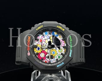 Op maat gemaakte MODS Casio G-shock GA2100-1A1 met TAKASHI MURAKAMI regenboog keramische wijzerplaat