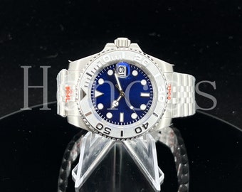 Custom Made MODS SUB Style Watch with SKX NH35 Blue Dial and Silver Ym Ceramic Inserts