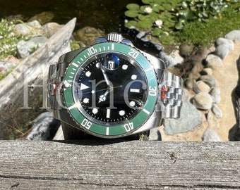 Custom Made MODS SUB Style Watch with SKX NH35 Green Dial and Silver