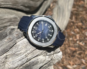 Custom Made MODS Aquanaut Watch with SKX NH35 5168G Style Navy Blue Dial and Soft Rubber Band Straps