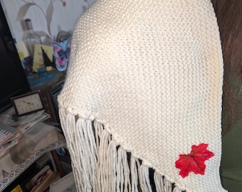 Hand-knitted shawl with leaf applique and tassels