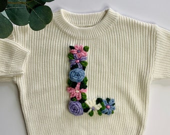 Floral Initial Toddler Sweater | Custom Hand Embroidered Sweater | Baby Sweater | Hand Embroidered | Custom Gift | Embroidered Flower Letter