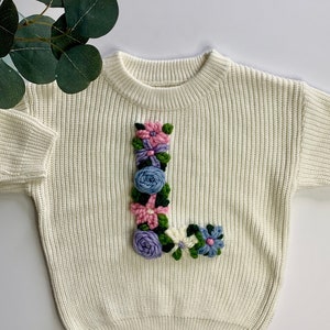 Floral Initial Toddler Sweater Custom Hand Embroidered Sweater Baby Sweater Hand Embroidered Custom Gift Embroidered Flower Letter image 1