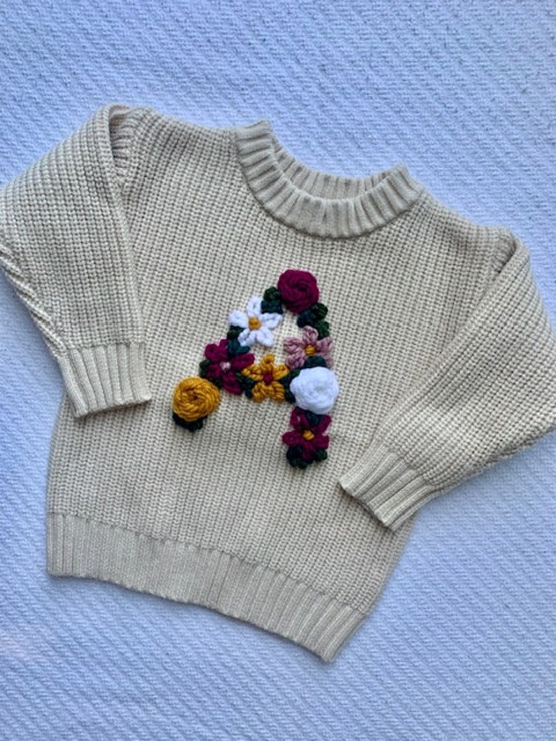 Floral Initial Toddler Sweater Custom Hand Embroidered Sweater Baby Sweater Hand Embroidered Custom Gift Embroidered Flower Letter image 3