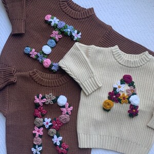 Floral Initial Toddler Sweater Custom Hand Embroidered Sweater Baby Sweater Hand Embroidered Custom Gift Embroidered Flower Letter image 5