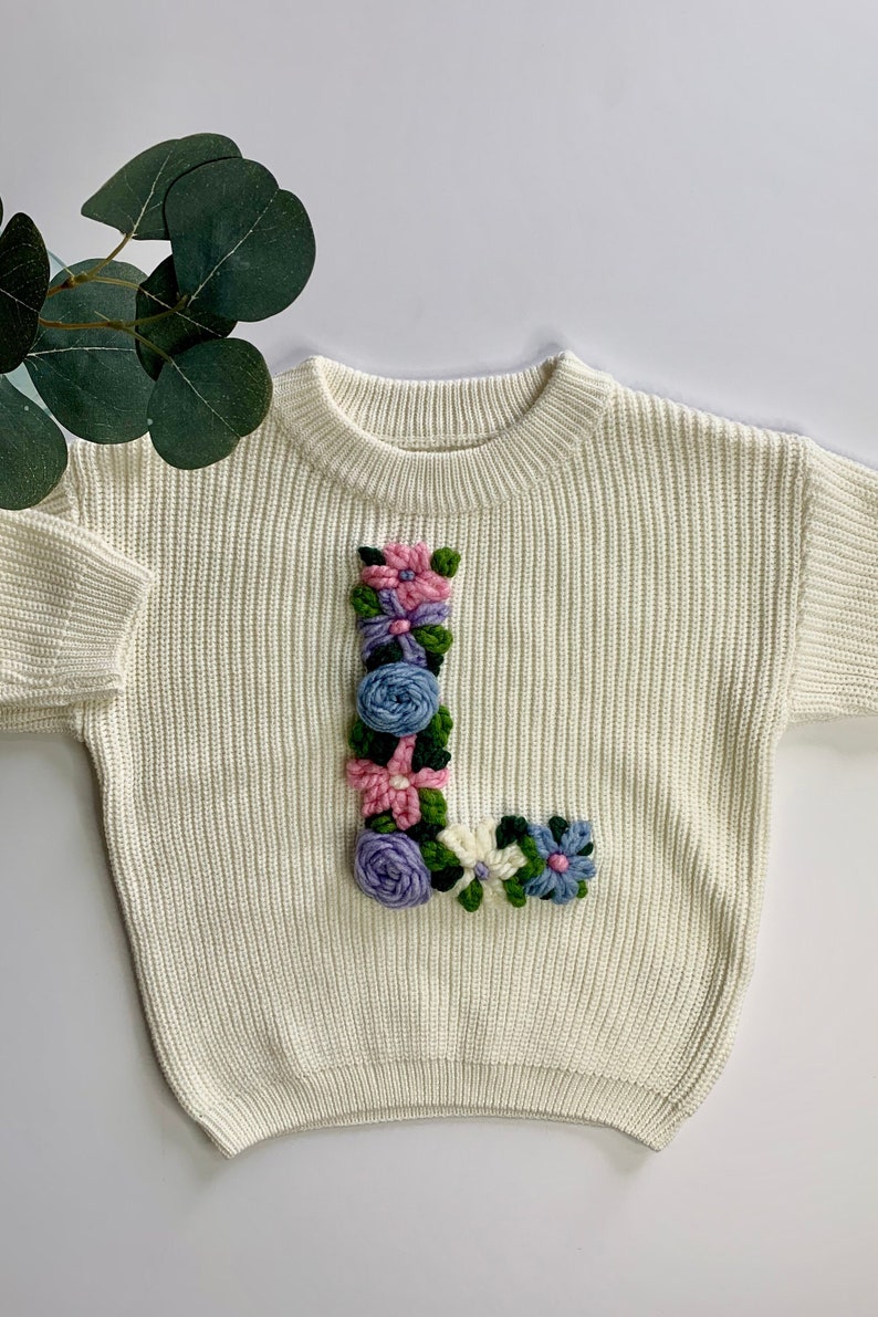 Floral Initial Toddler Sweater Custom Hand Embroidered Sweater Baby Sweater Hand Embroidered Custom Gift Embroidered Flower Letter image 1