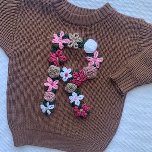 Floral Initial Toddler Sweater Custom Hand Embroidered Sweater Baby Sweater Hand Embroidered Custom Gift Embroidered Flower Letter image 2