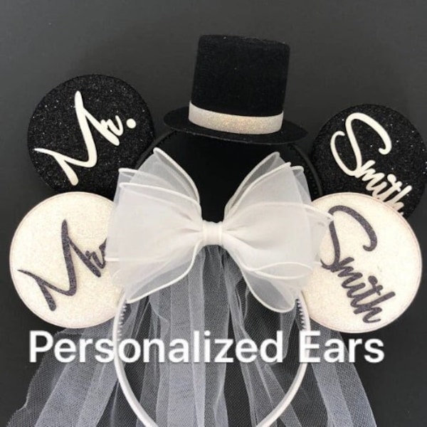 White bow bride minnie ears,bride & groom mouse ear,anniversary ear,wedding ears,personalized minnie ear,mickey ears headband,custom ears