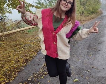 Luxurious Hand-Knitted Berry pink Wool Cardigan, Thoughtful Birthday Gift