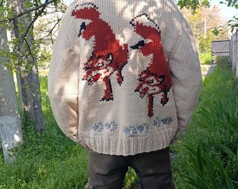 Custom Fox Knit Cardigan Handmade, Chunky Wool Sweater, Oversized Knit Jacket, Statement Animal Sweater, Cozy Fall Winter Cardigan, Gift