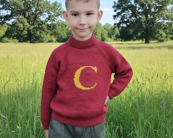 Personalized Christmas Wool Weasley Sweater for kids- Handmade Knit Monogram