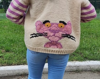 Pink Panther Embroidered Knit Cardigan: Semi-wool Cable Knit - Etsy