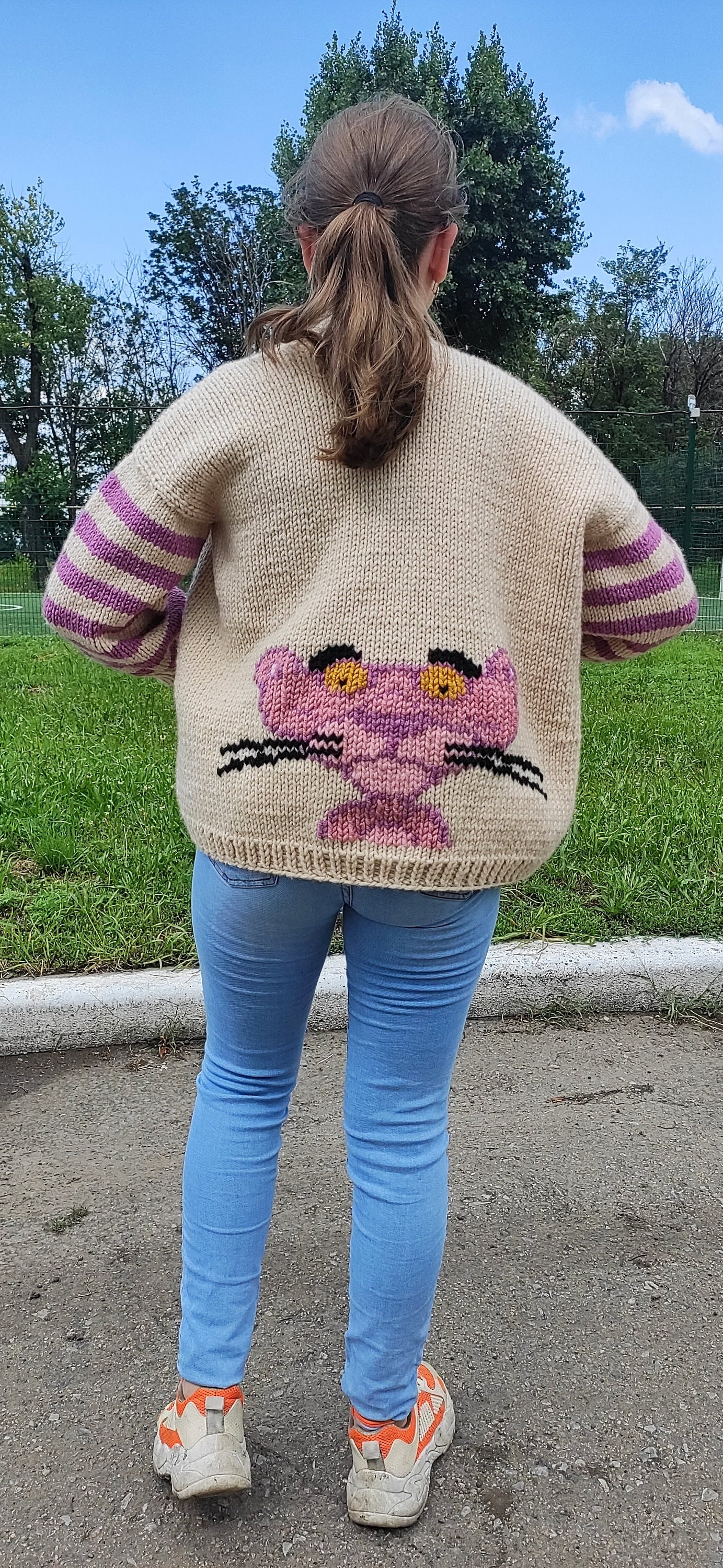 Pink Panther Embroidered Knit Cardigan: Semi-wool Cable Knit - Etsy