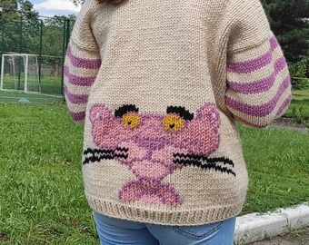 Pink Panther Embroidered Knit Cardigan: Semi-wool Cable Knit - Etsy