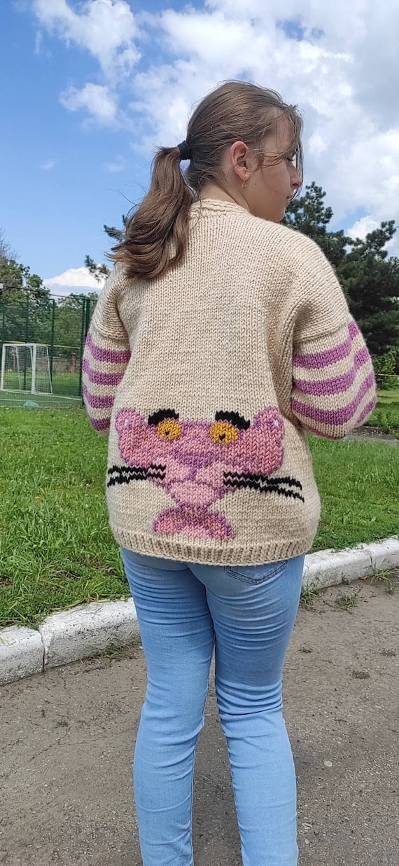 Pink Panther Embroidered Knit Cardigan: Semi-wool Cable Knit