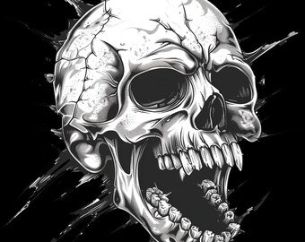 May include: A black and white illustration of a skull with an open mouth and sharp teeth. The skull is drawn in a detailed style with cracks and lines on the surface.