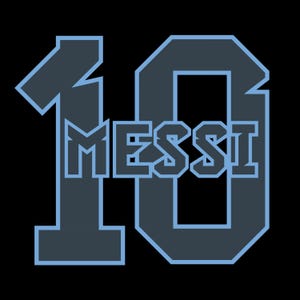 May include: A blue and grey graphic design of the number 10 with the word "MESSI" inside the numbers.