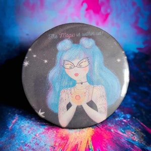 Blue Haired Witch Button Pin
