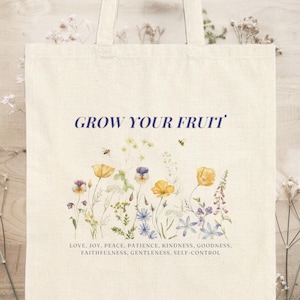 Wachsen Sie Ihre Frucht-Einkaufstasche, Früchte des Geistes, Galater 5, christliches Schriftgeschenk, Bibel-Vers-Leinwandtasche, vom Glauben inspiriertes Geschenk für Frauen