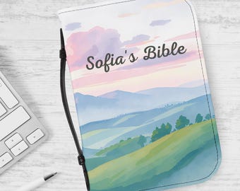 Custodia per Bibbia personalizzata con nome e versetti della Scrittura, copertina del libro, paesaggio acquerello