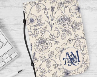 Estuche bíblico personalizado con iniciales, cubierta de libro, diseño elegante floral azul para mujer