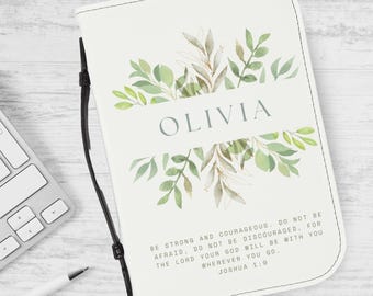 Personalized Bible Case With Name and Scripture, Book Cover, Green Flowers