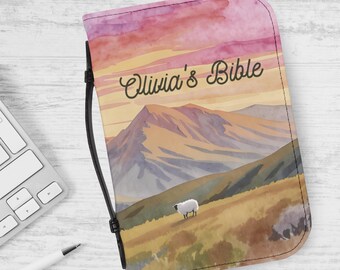 Personalized Bible Case With Name, Book Cover, Watercolor Landscape, Sheep, Sunset Mountains