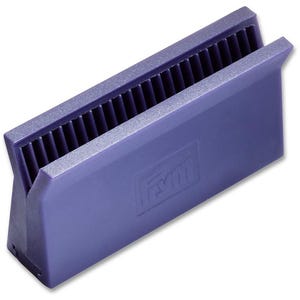 May include: A purple plastic sewing tool with a V-shaped top channel featuring internal vertical ridges. The side of the rectangular base displays the embossed text "Fym". This object is designed with a wide, stable bottom and a narrow, open top.