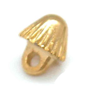 May include: A small, gold-coloured jewellery finding with a conical shape and a textured, fluted edge. It features a loop at the base for attaching to other components. The finding is likely used in jewellery making or crafting.
