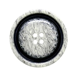 May include: A large, circular button featuring a grey and white marbled design. It has a black inner ring and four white holes for sewing. This button is ideal for various craft and sewing projects.