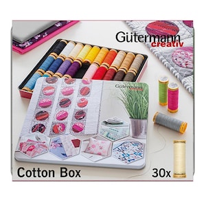 May include: A metal box containing 30 spools of Gutermann Creativ cotton thread. The box is labelled "Cotton Box" and features images of different sewing projects. The spools are arranged in rows and are colour-coded.
