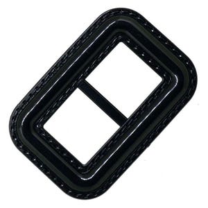 May include: Black metal buckle with a rectangular shape and a decorative border. The buckle has a glossy finish.