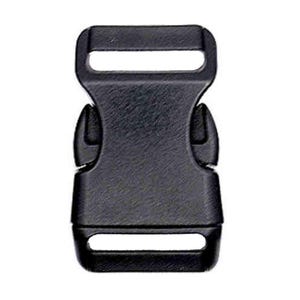 May include: Black plastic side release buckle. The buckle has a smooth, matte finish and is designed for use with webbing or straps.