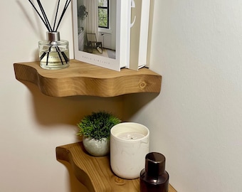 Floating Corner Shelf | Solid Wood Rustic Wall Mounted Corner Storage Shelf | Handmade Wooden Display Shelf for Kitchen & Living Room