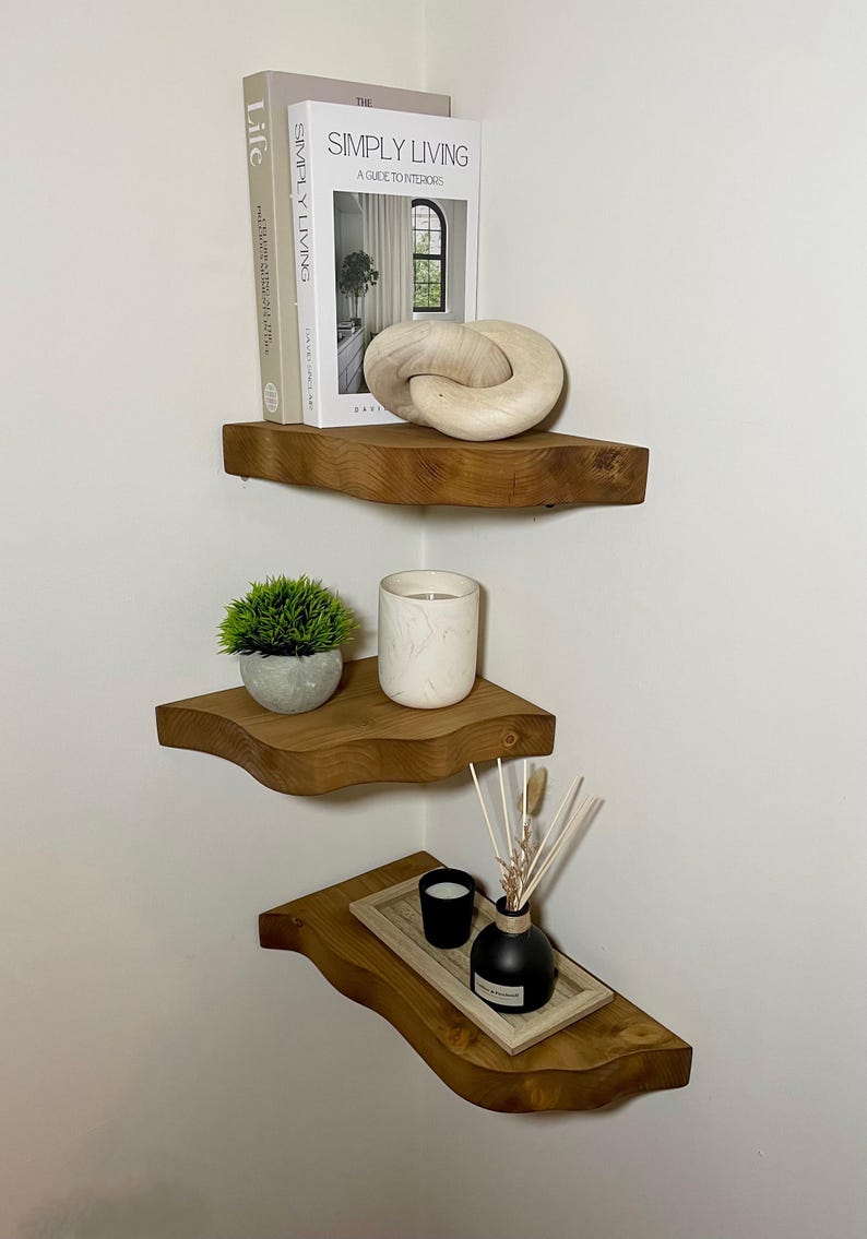 Floating Corner Shelf | Solid Wood Wall Mounted Shelf | Rustic Handmade ...