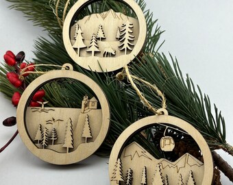 3D Wood Ornament Ski gondola Mountain - Lighthouse whale ocean - Moose trees woods - personalization optional - Stocking stuffer