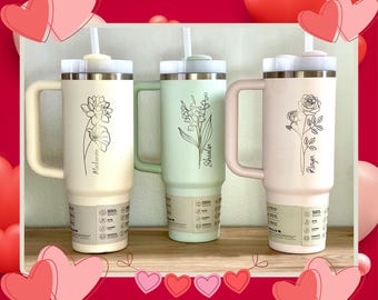 Personalized Birth Flower Stanley Tumbler: Laser Engraved Gift