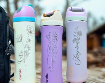 Personalized Authentic Birth Flower Owala FreeSip Water Bottle: 24/32 oz Laser Engraved Custom Cup