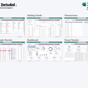 May include: Screenshot of a spreadsheet template for tracking sinking funds. The template includes sheets for setup, sinking funds, transactions, sinking funds tracker, dashboard, and visual tracker. The template is optimized for use with Excel 365 subscriptions.