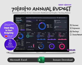 May include: A dark-themed Microsoft Excel spreadsheet with a 70/20/10 annual budget template. The spreadsheet includes a dashboard with charts and graphs to track income, expenses, savings, and investments. The title of the spreadsheet is "70/20/10 Annual Budget" and the subtitle is "Automated and Easy To Use | Interactive Dashboard and Graphs | Tracking Balance".