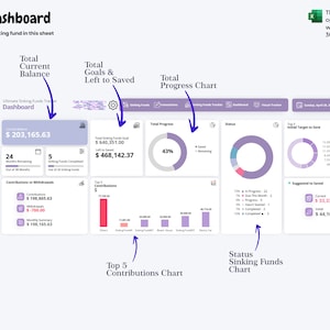 May include: A dashboard with a purple and white color scheme, showing a sinking fund tracker. The dashboard includes a total current balance of $203,165.63, a total goals and left to saved amount of $468,142.37, a total progress chart showing 43% progress, a status sinking funds chart, and a top 5 contributions chart.