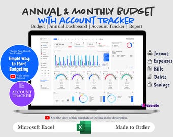 May include: A screenshot of a Microsoft Excel spreadsheet with a colorful dashboard for tracking annual and monthly budgets. The dashboard includes charts, graphs, and data visualizations. The text "ANNUAL & MONTHLY BUDGET WITH ACCOUNT TRACKER" is at the top of the spreadsheet. The text "Budget | Annual Dashboard | Account Tracker | Report" is below the title. The text "Income", "Expenses", "Bills", "Debts", and "Savings" are listed on the right side of the spreadsheet. The text "See the video of this template at the link in the description." is at the bottom of the spreadsheet.